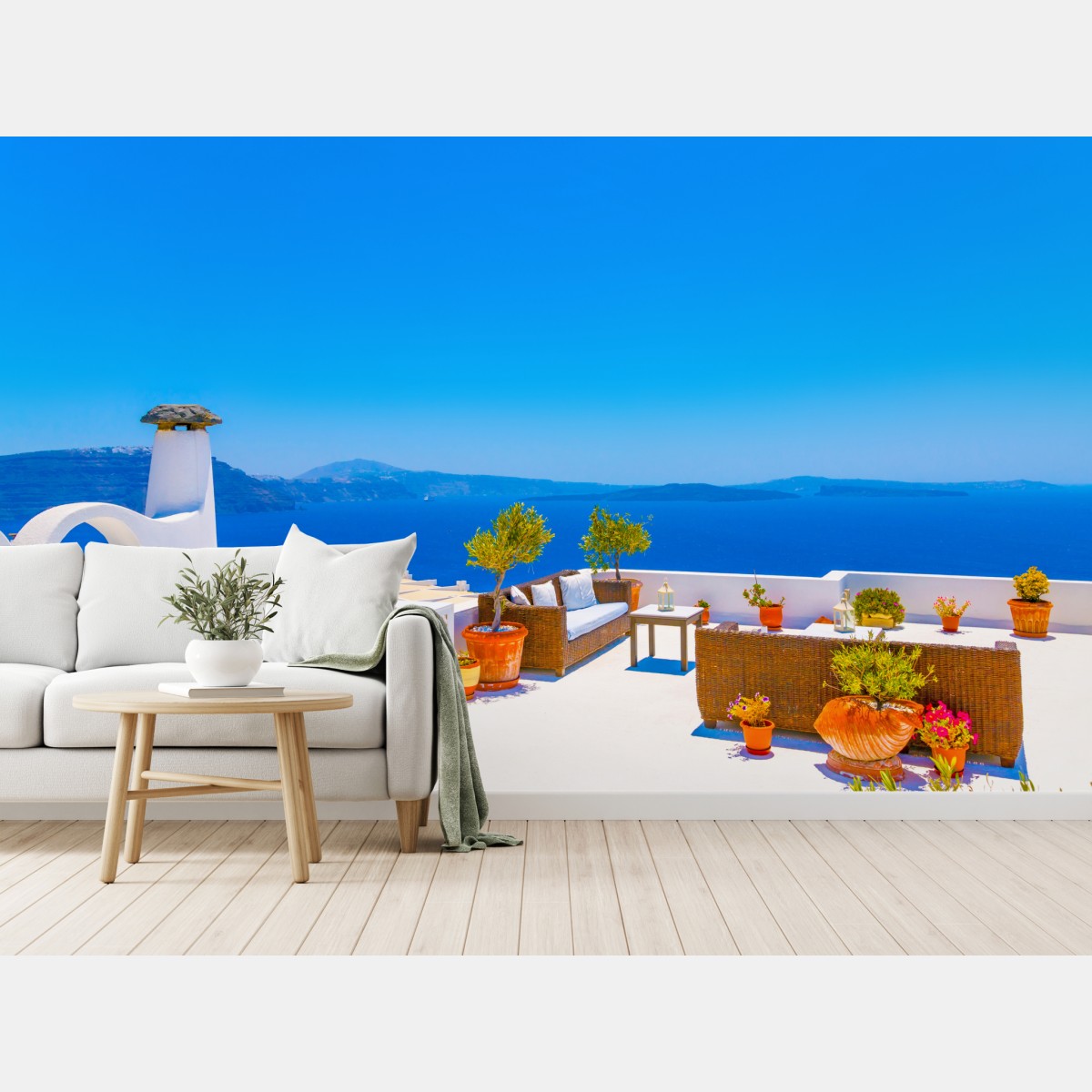 Fototapete terrasse in Oia mit meerblick, Santorini – Wallnifity®