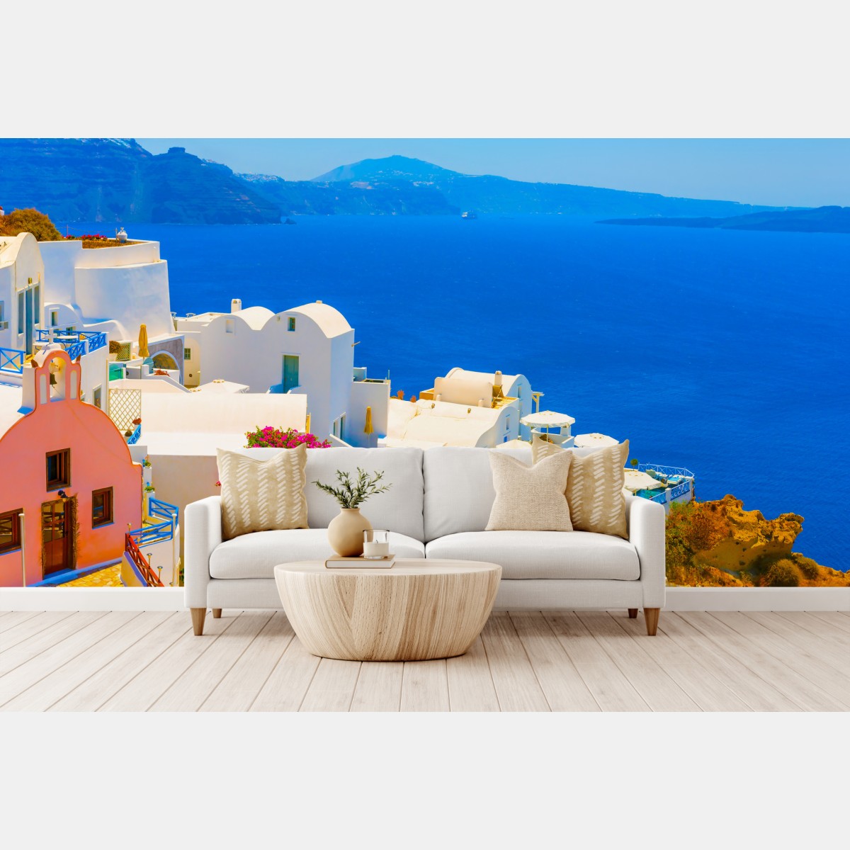 Fototapete sonniger blick auf Santorini mit weißen häusern und blauem meer – Wallnifity®
