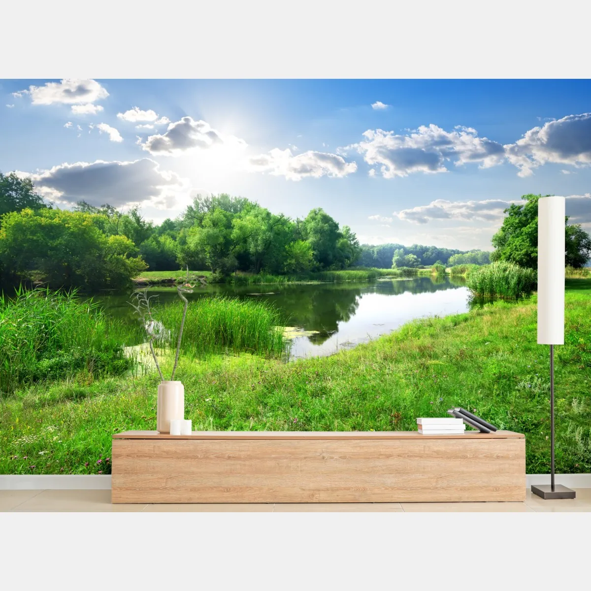 Fototapete sonnige wiese am fluss – Wallnifity®