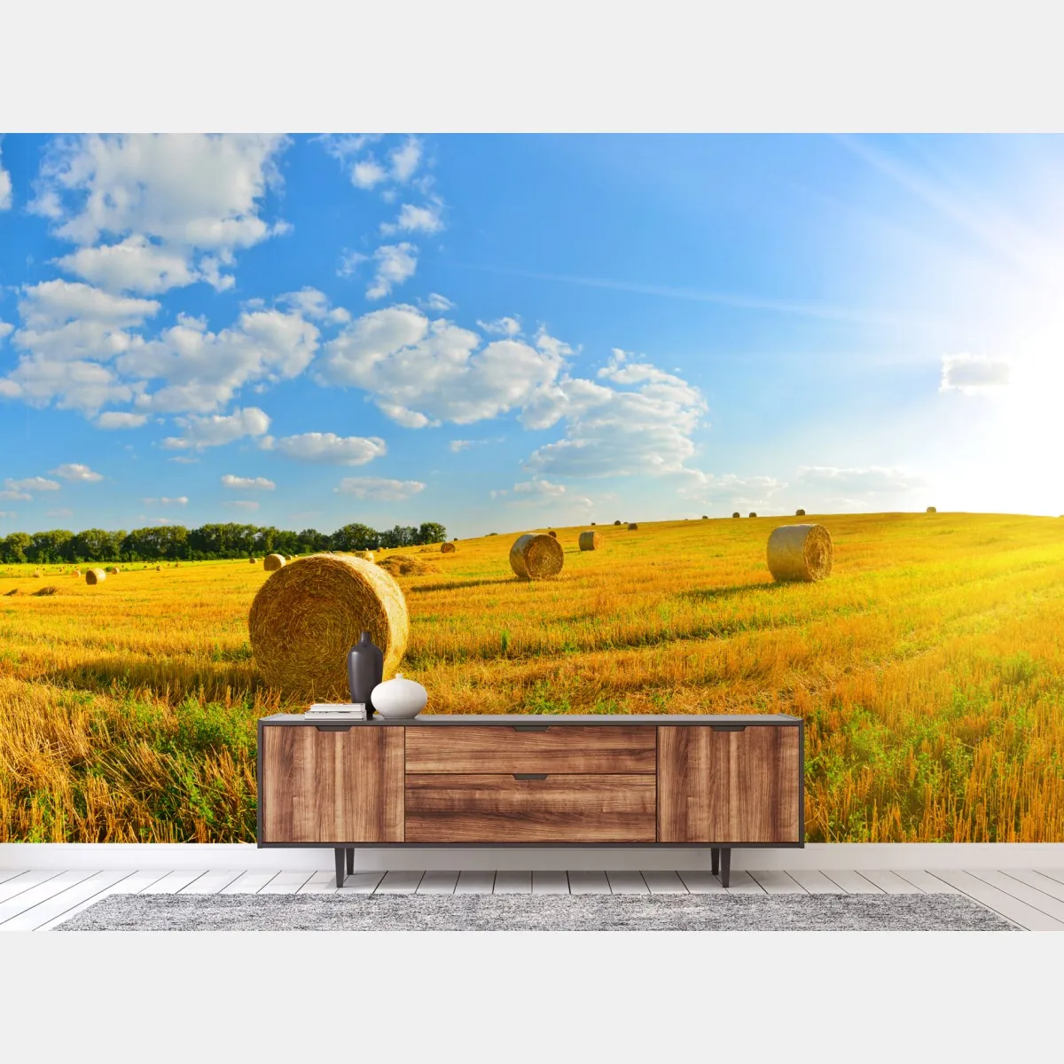 Fototapete goldenes heufeld unter blauem himmel – Wallnifity®