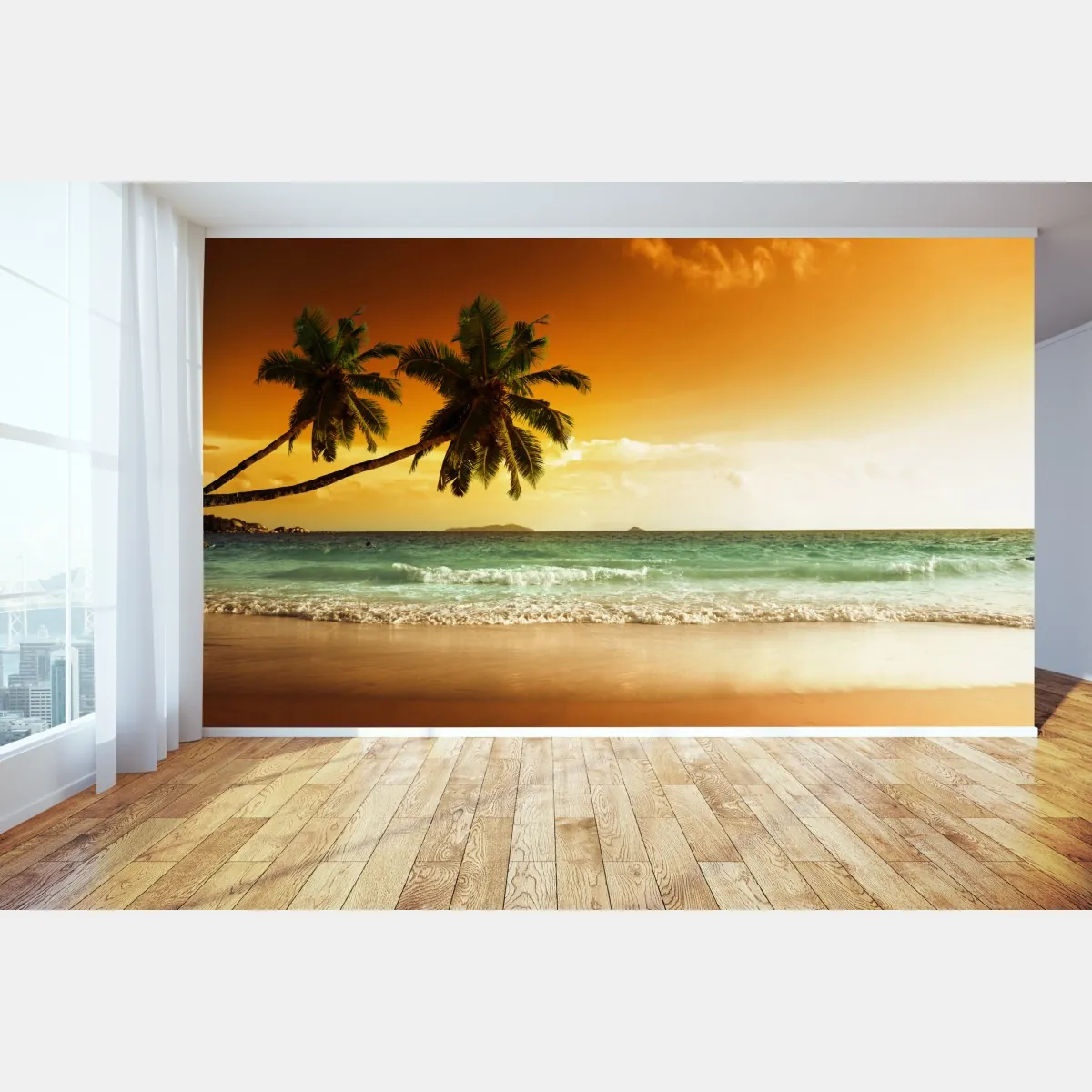Fototapete karibischer sonnenuntergang am strand mit palmen – Wallnifity®