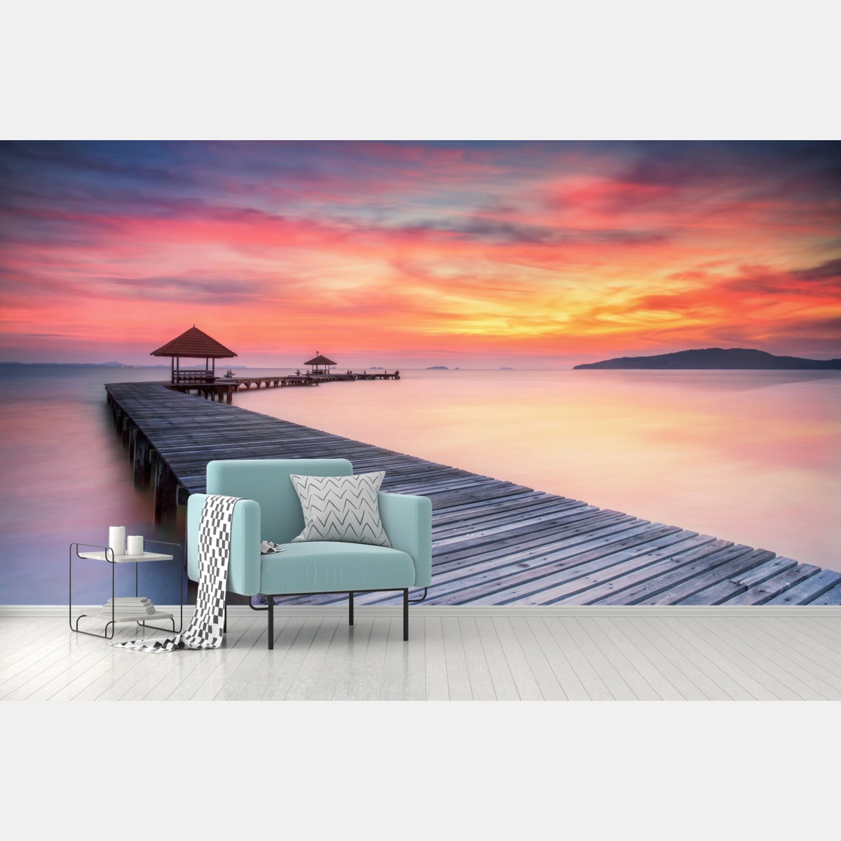 Fototapete ruhiger sonnenaufgang über hölzernem steg – Wallnifity®