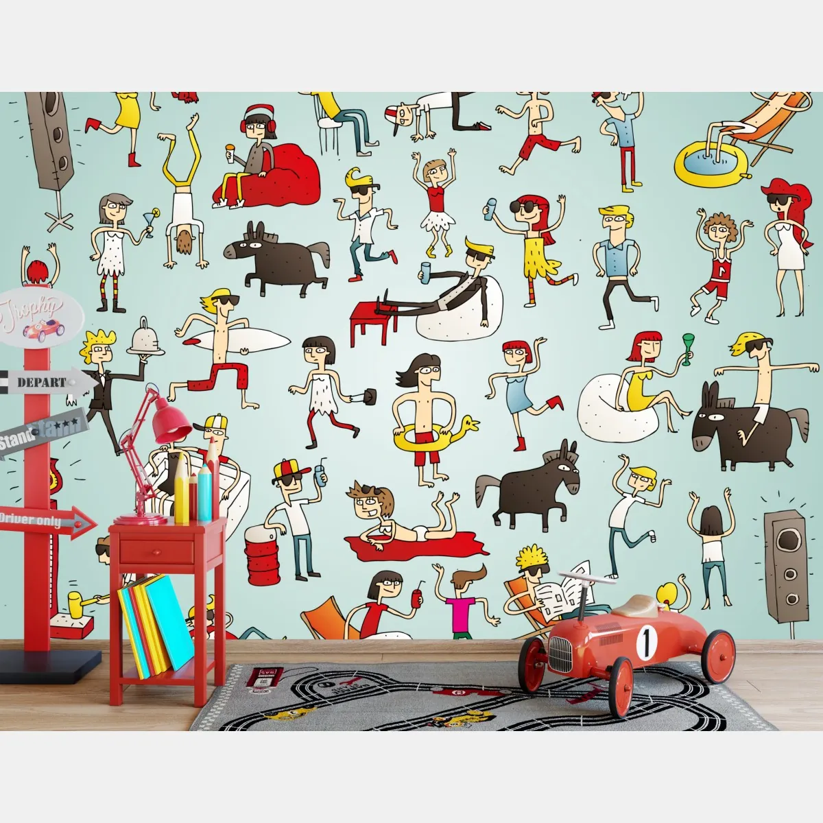 Fototapete verspielte cartoonszene auf türkisem hintergrund – Wallnifity®