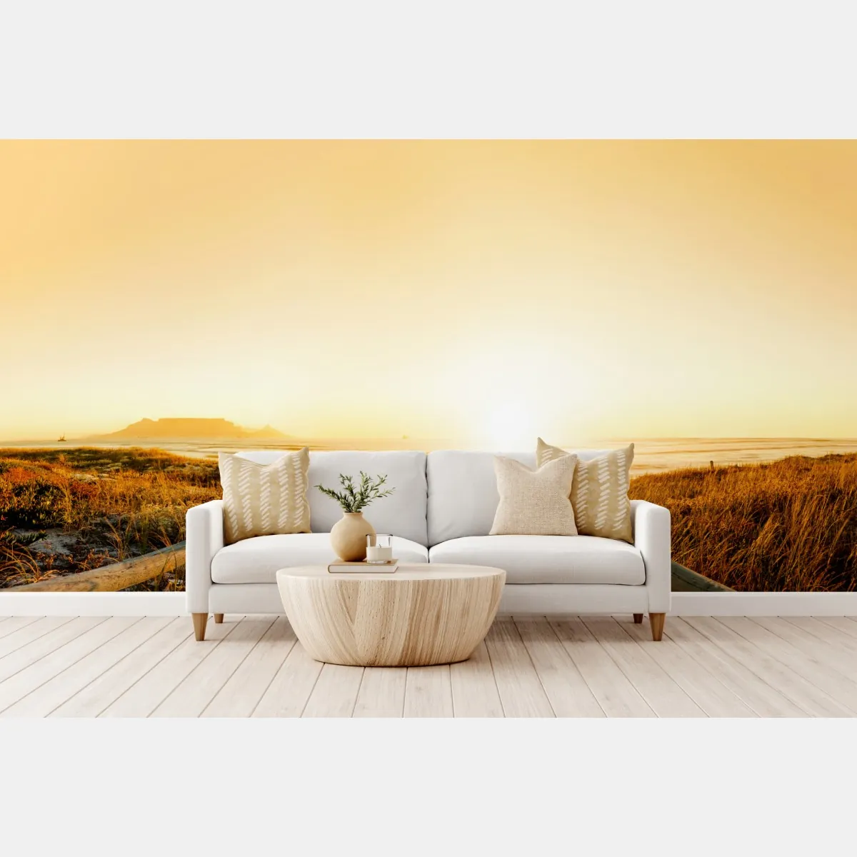 Fototapete goldenes sonnenuntergangspanorama am strand mit Tafelberg – Wallnifity®