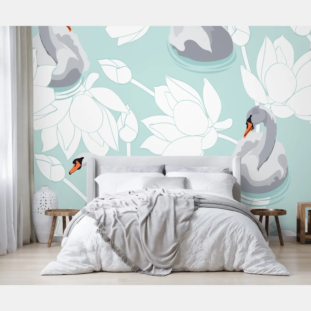 Fototapete sanfte schwäne und lotusblumen – Wallnifity®