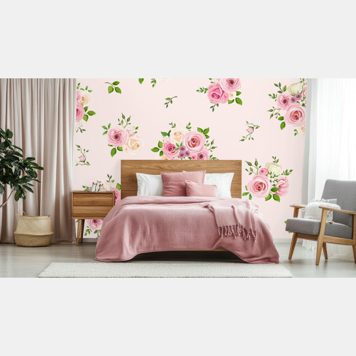 Fototapete zartes rosenmuster in pastellrosa – Wallnifity®