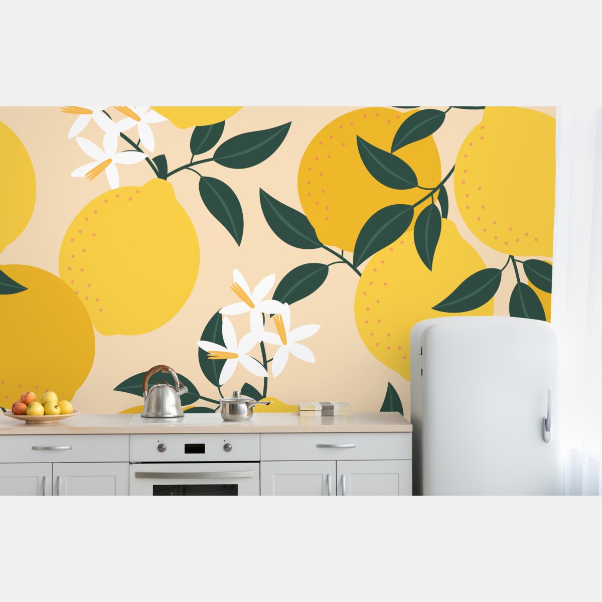 Fototapete leuchtendes zitronenmuster mit blüten – Wallnifity®