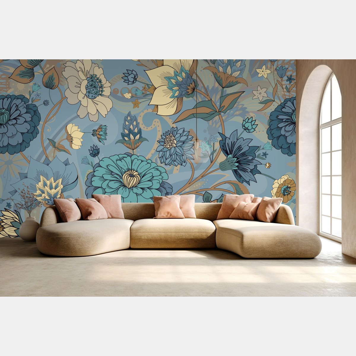 Fototapete vintage-blumenmuster in gedämpften blau- und beigetönen – Wallnifity®