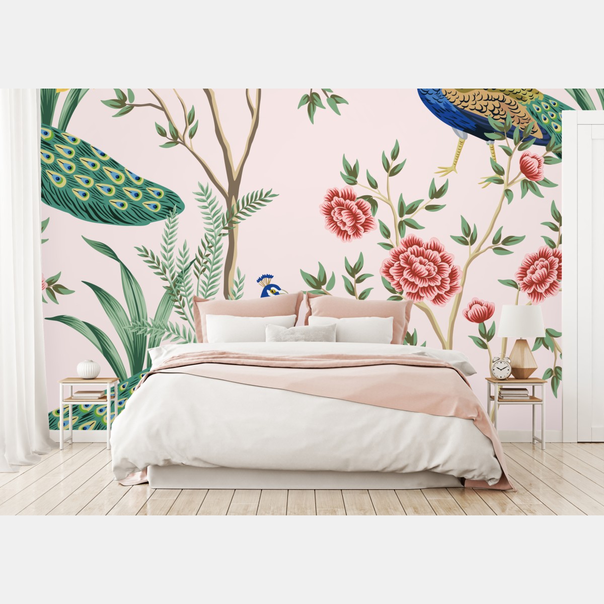 Fototapete elegantes pfau- und blumenmuster auf rosa hintergrund – Wallnifity®