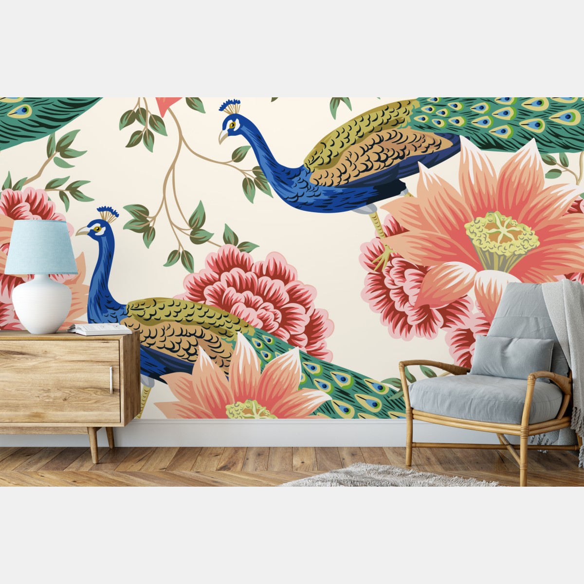 Fototapete elegantes pfauen- und blumenmuster – Wallnifity®