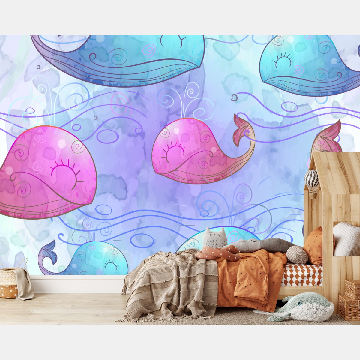 Fototapete aquarellwale im pastellmuster fürs kinderzimmer – Wallnifity®