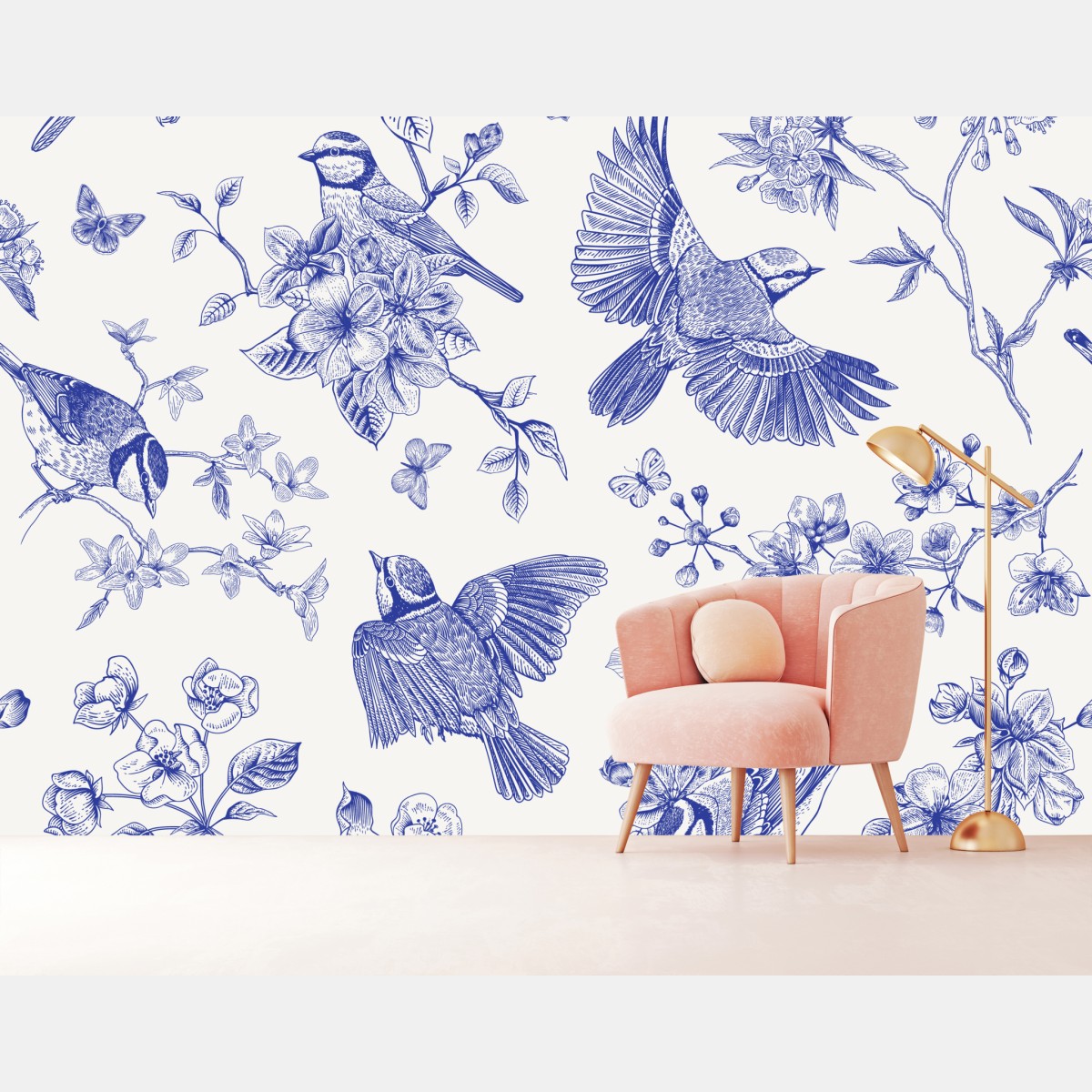 Fototapete blaues muster mit vögeln und blüten im vintage-stil – Wallnifity®