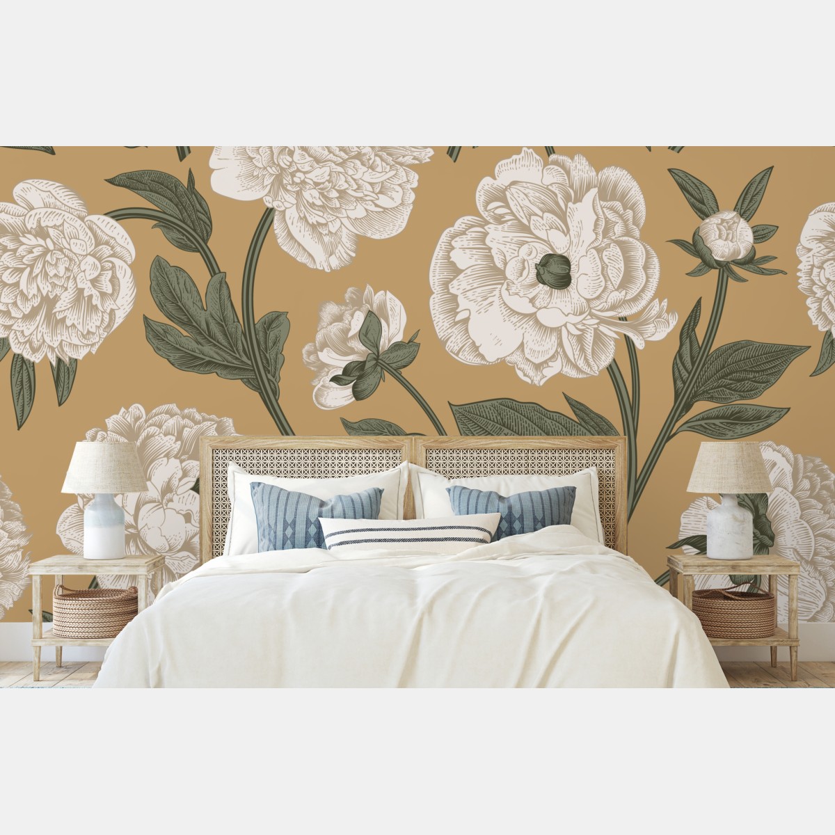 Fototapete vintage botanisches muster mit pfingstrosen – Wallnifity®
