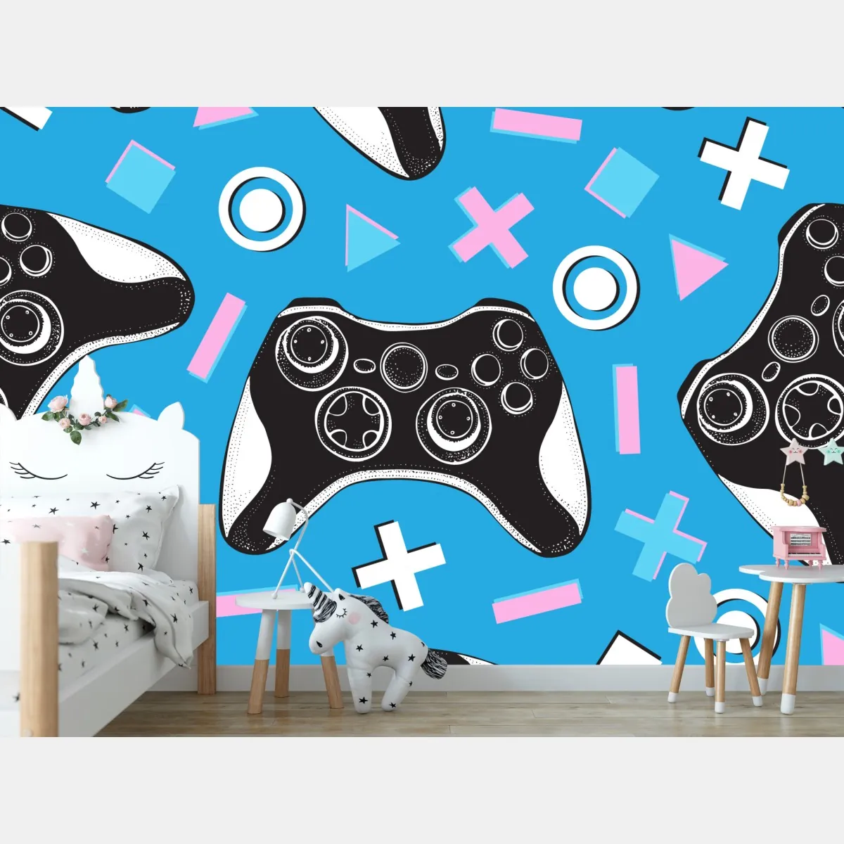 Fototapete muster mit gamecontrollern auf blauem hintergrund – Wallnifity®