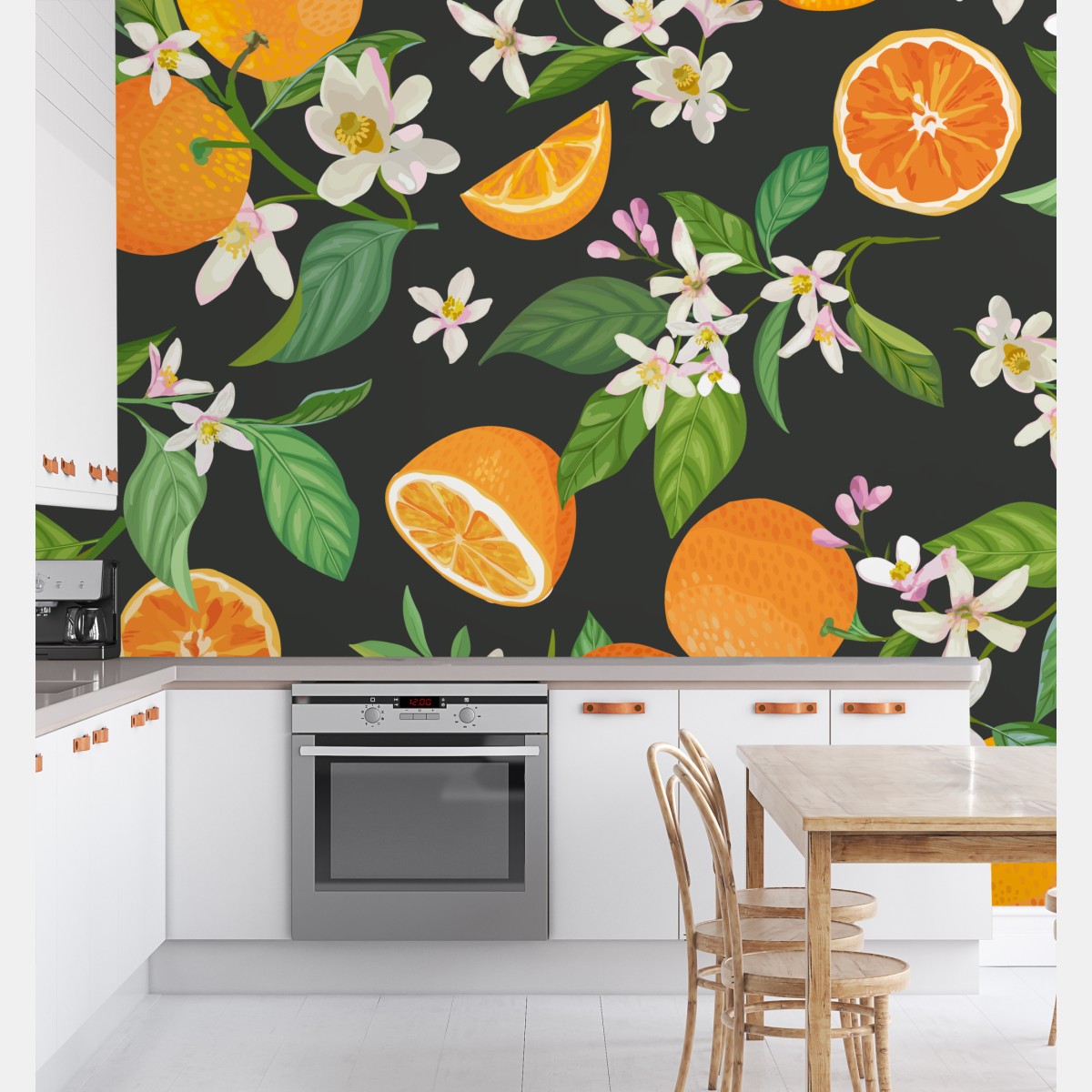 Fototapete orangeblüten- und zitrusmuster auf dunklem hintergrund – Wallnifity®
