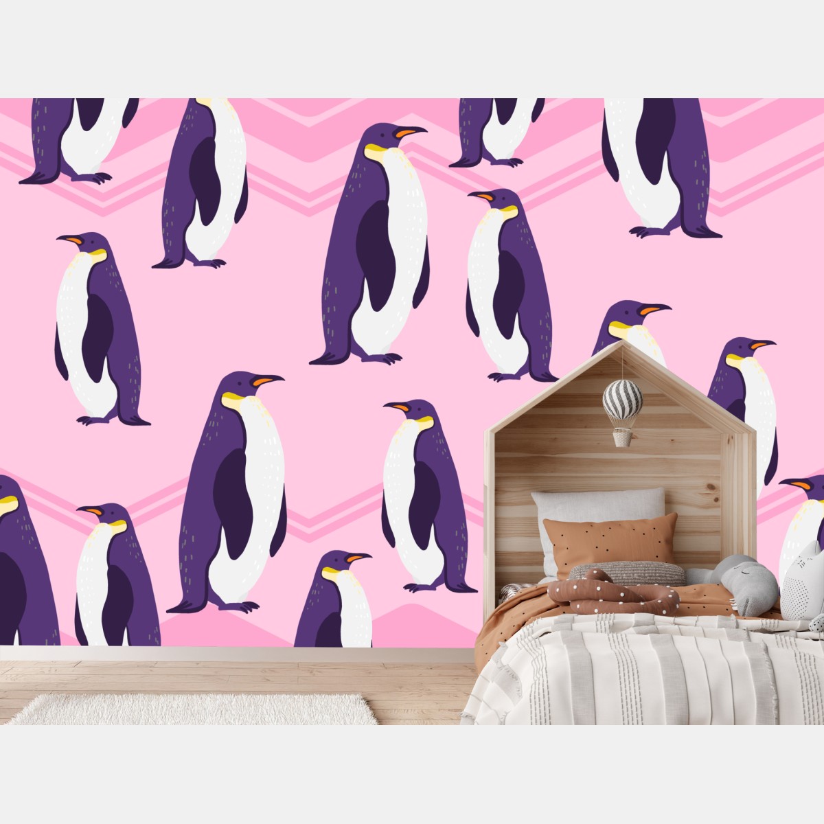 Fototapete verspieltes muster mit violetten pinguinen auf rosa hintergrund – Wallnifity®