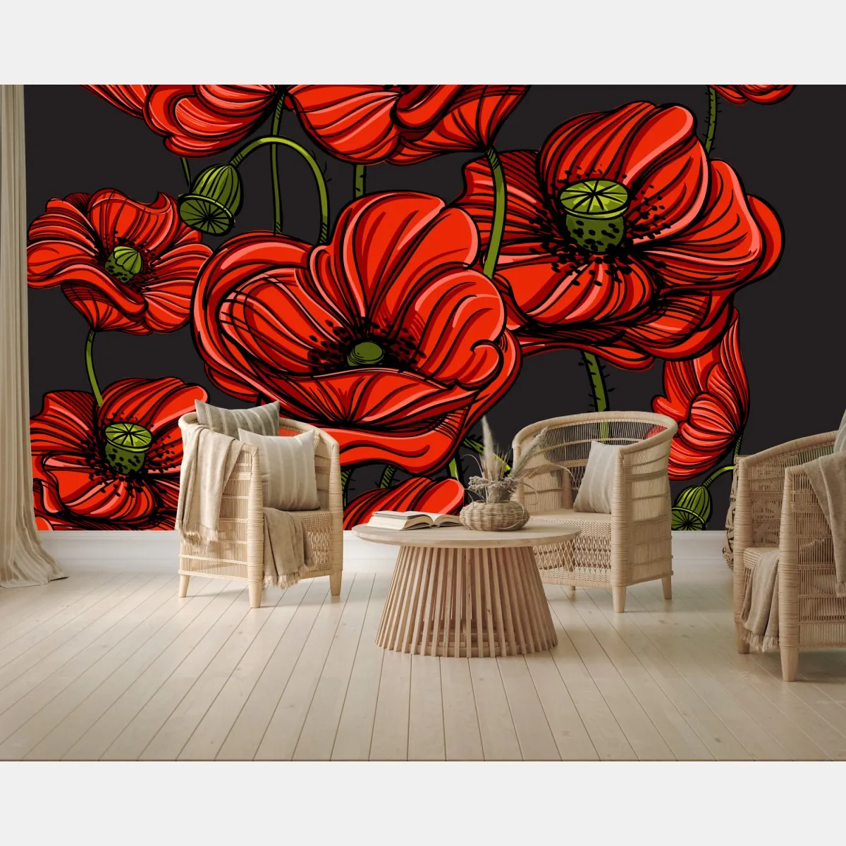 Fototapete kräftige rote mohnblumen illustration – Wallnifity®