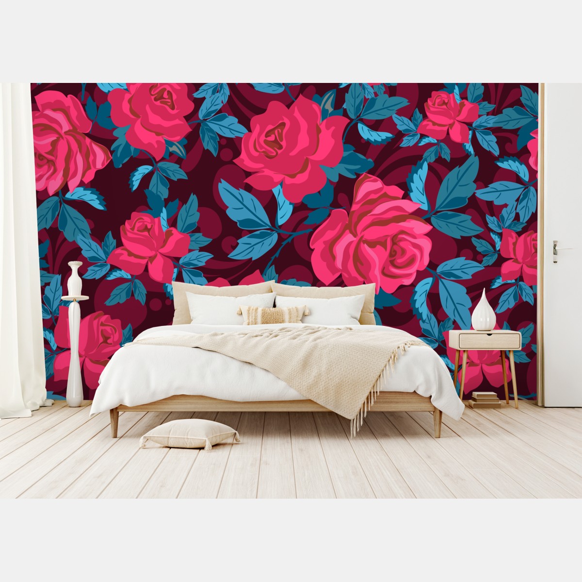 Fototapete vintage rosenmuster in rosa und türkis – Wallnifity®