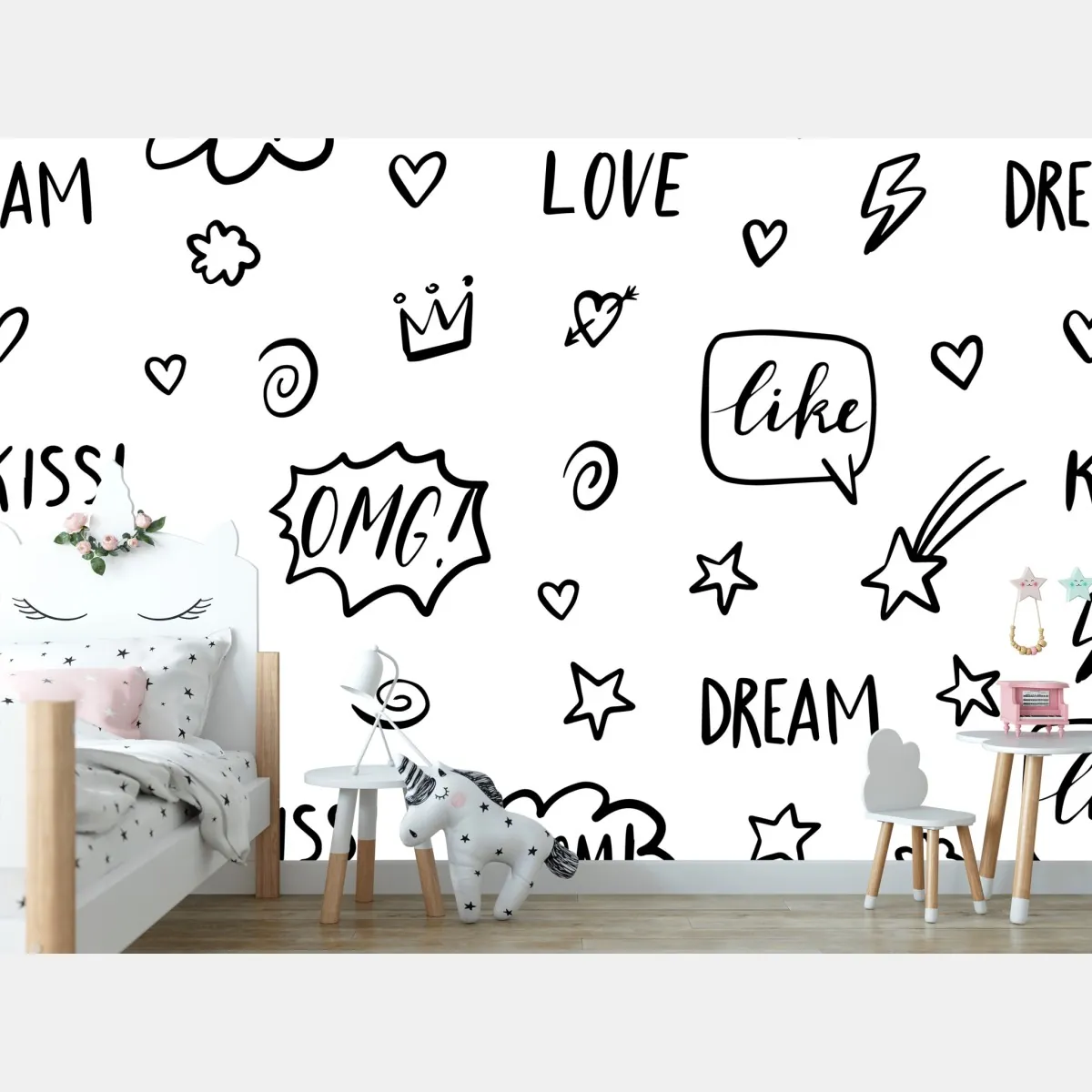 Fototapete verspieltes doodle-muster mit herzen und sternen – Wallnifity®