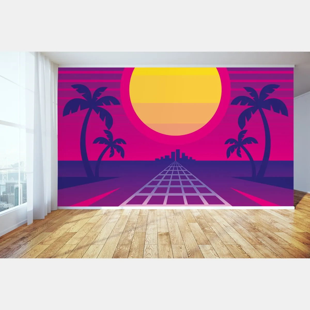 Fototapete neon sonnenuntergang skyline – Wallnifity®