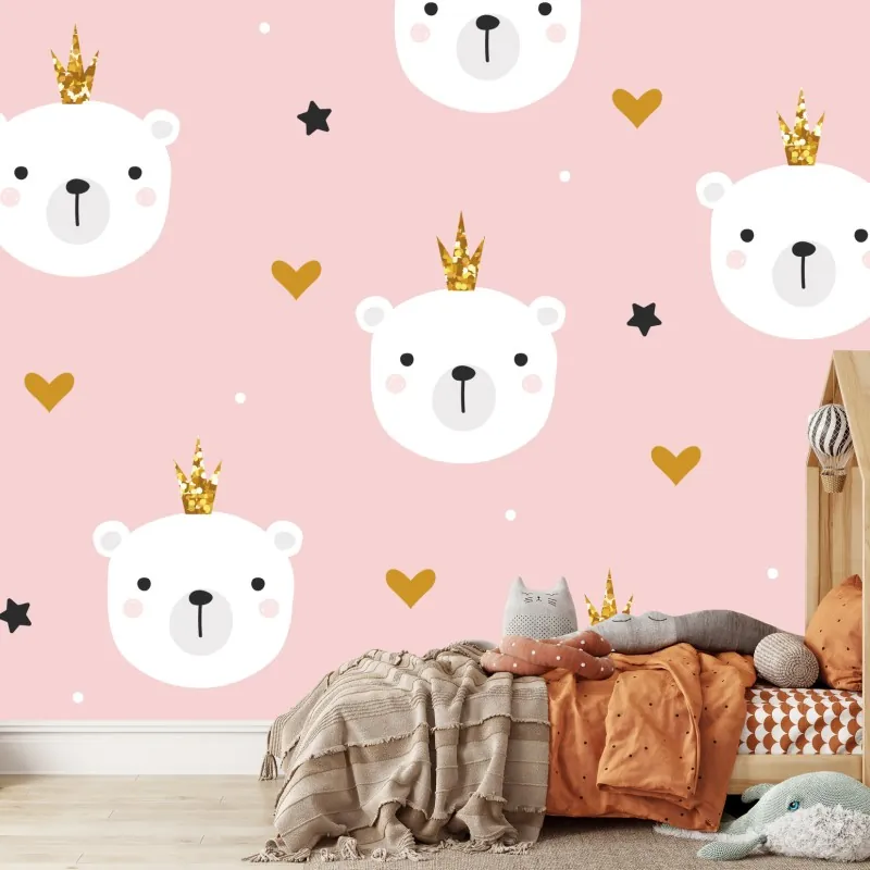 Fototapete süßes polarbär-motiv mit kronen für das kinderzimmer