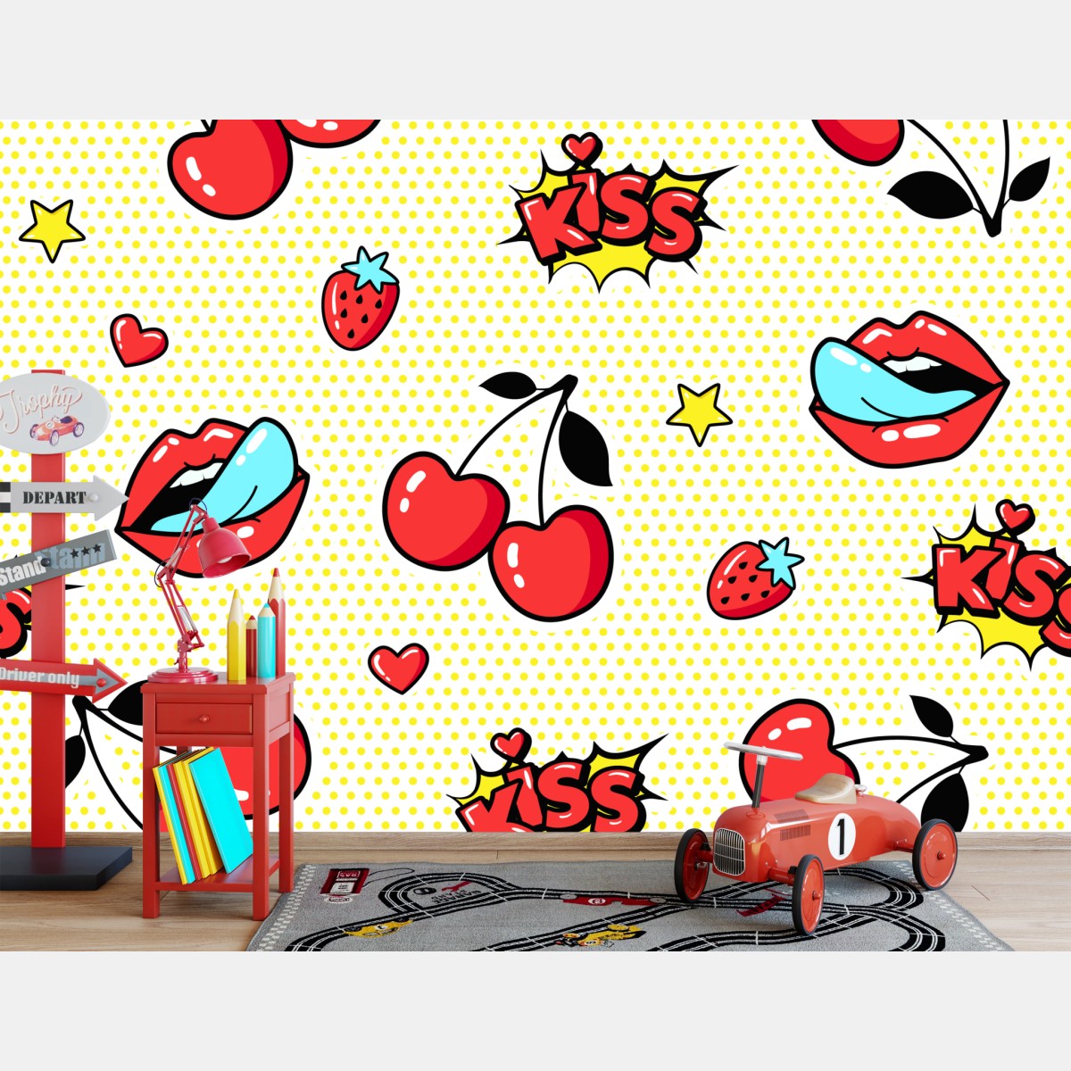 Fototapete verspieltes pop-art kirschen-kuss muster – Wallnifity®