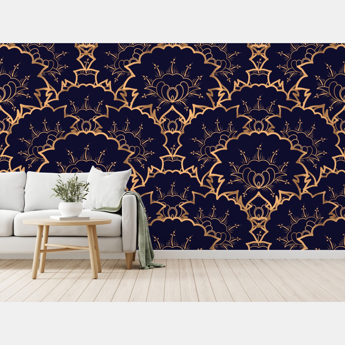 Fototapete luxuriöses goldenes blütenmuster auf marineblau – Wallnifity®