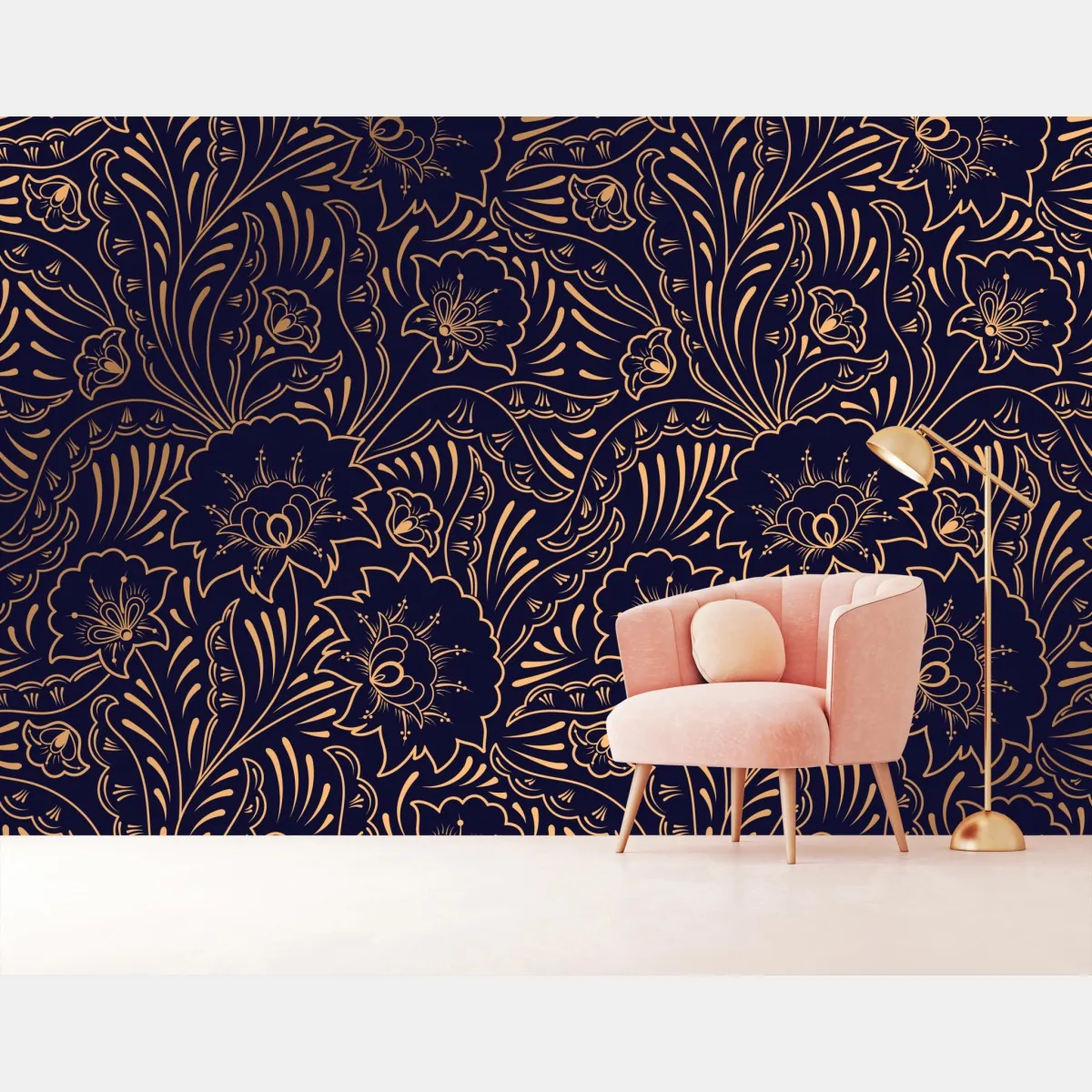Fototapete goldenes blumenornament auf nachtblauem hintergrund – Wallnifity®