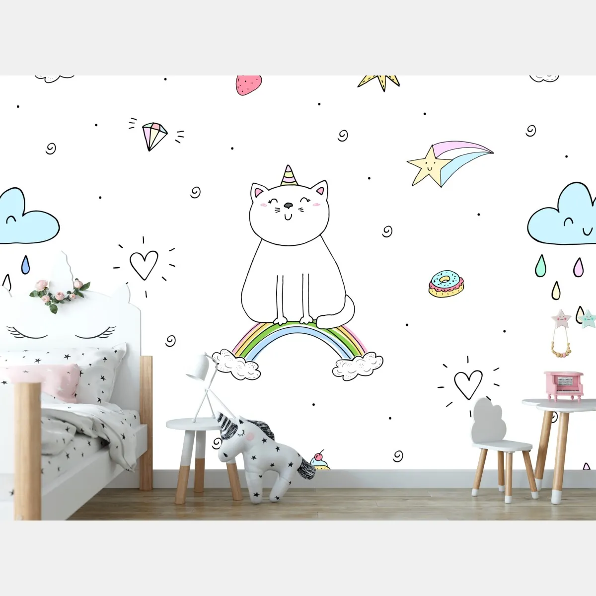 Fototapete pastell-einhornkatze auf dem regenbogen – Wallnifity®