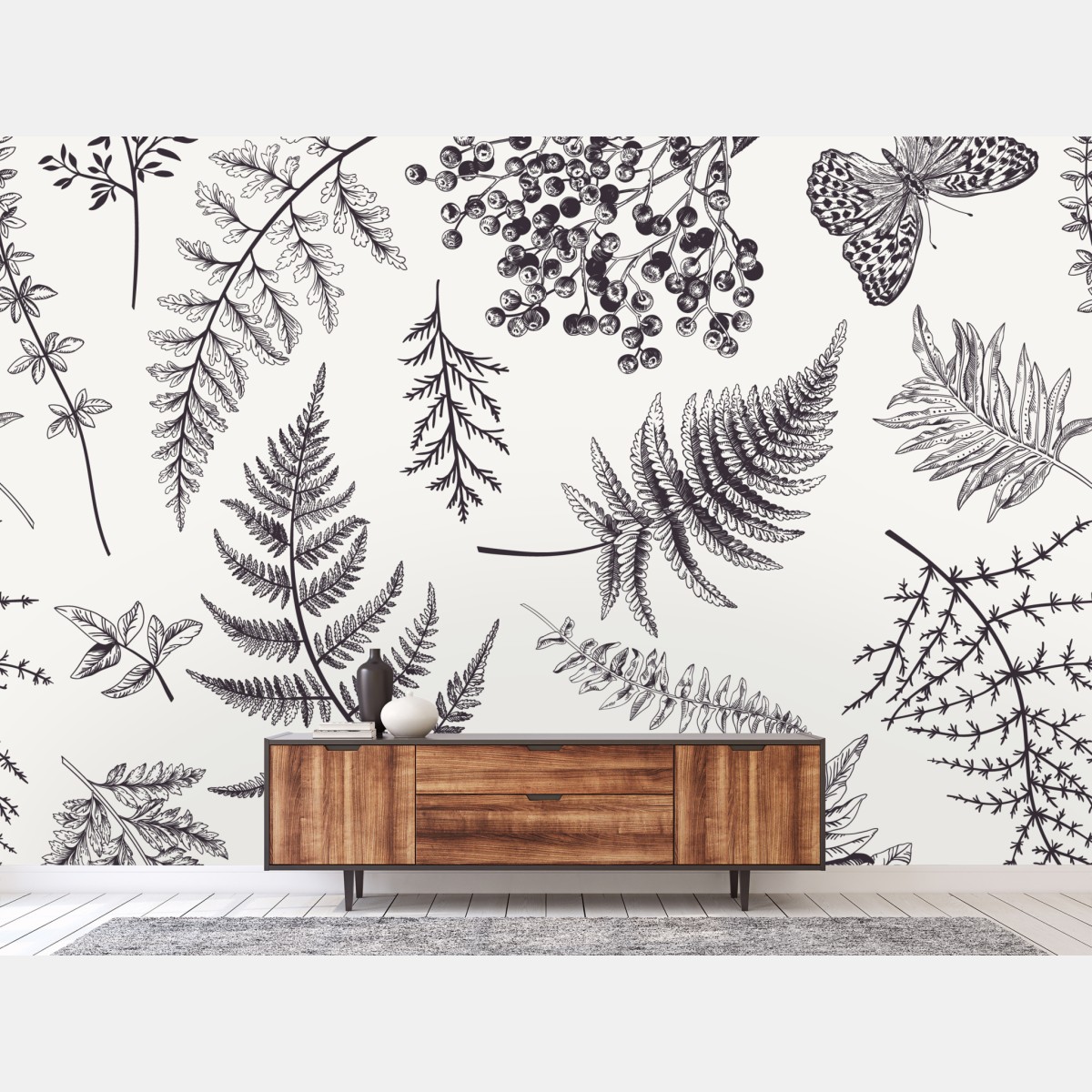 Fototapete monochromes botanisches blättermuster – Wallnifity®