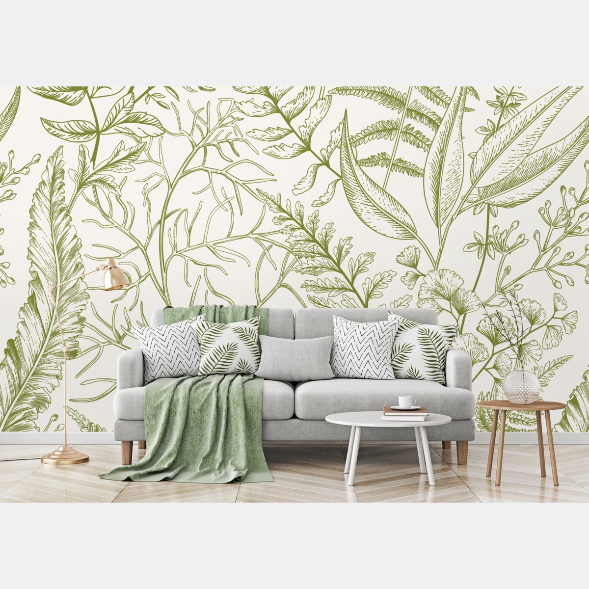 Fototapete handgezeichnetes grünes blättermotiv – Wallnifity®