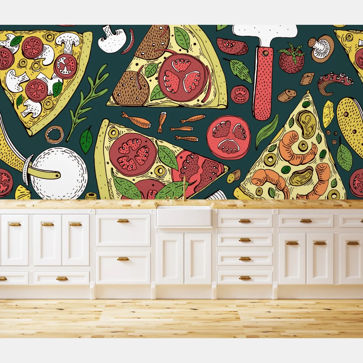 Fototapete buntes muster mit pizzastücken – Wallnifity®