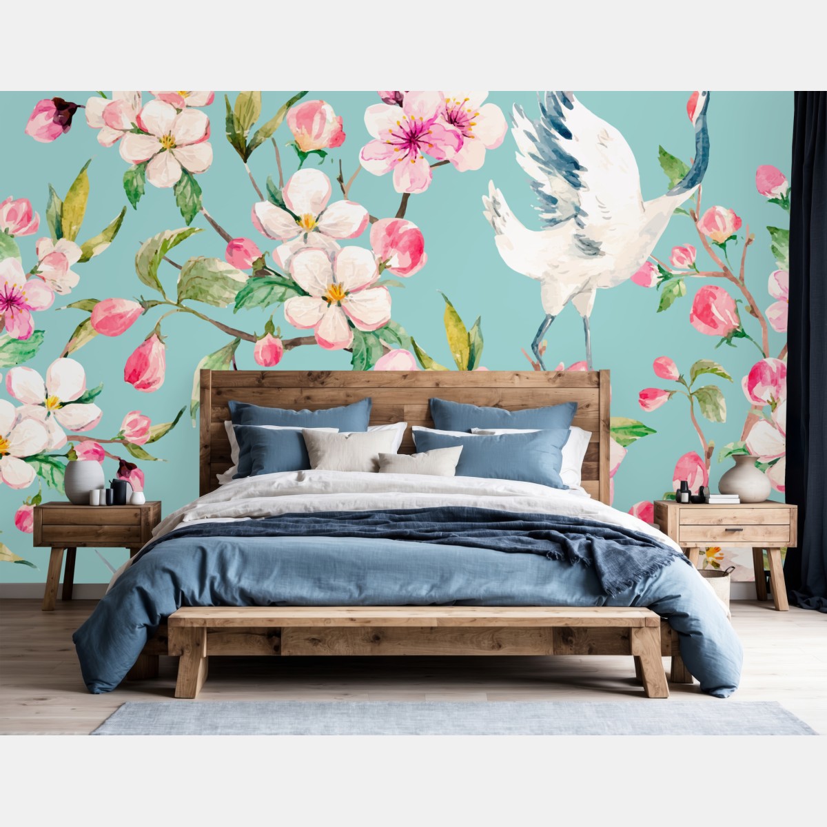 Fototapete türkises kirschblüten- und kranichmuster – Wallnifity®