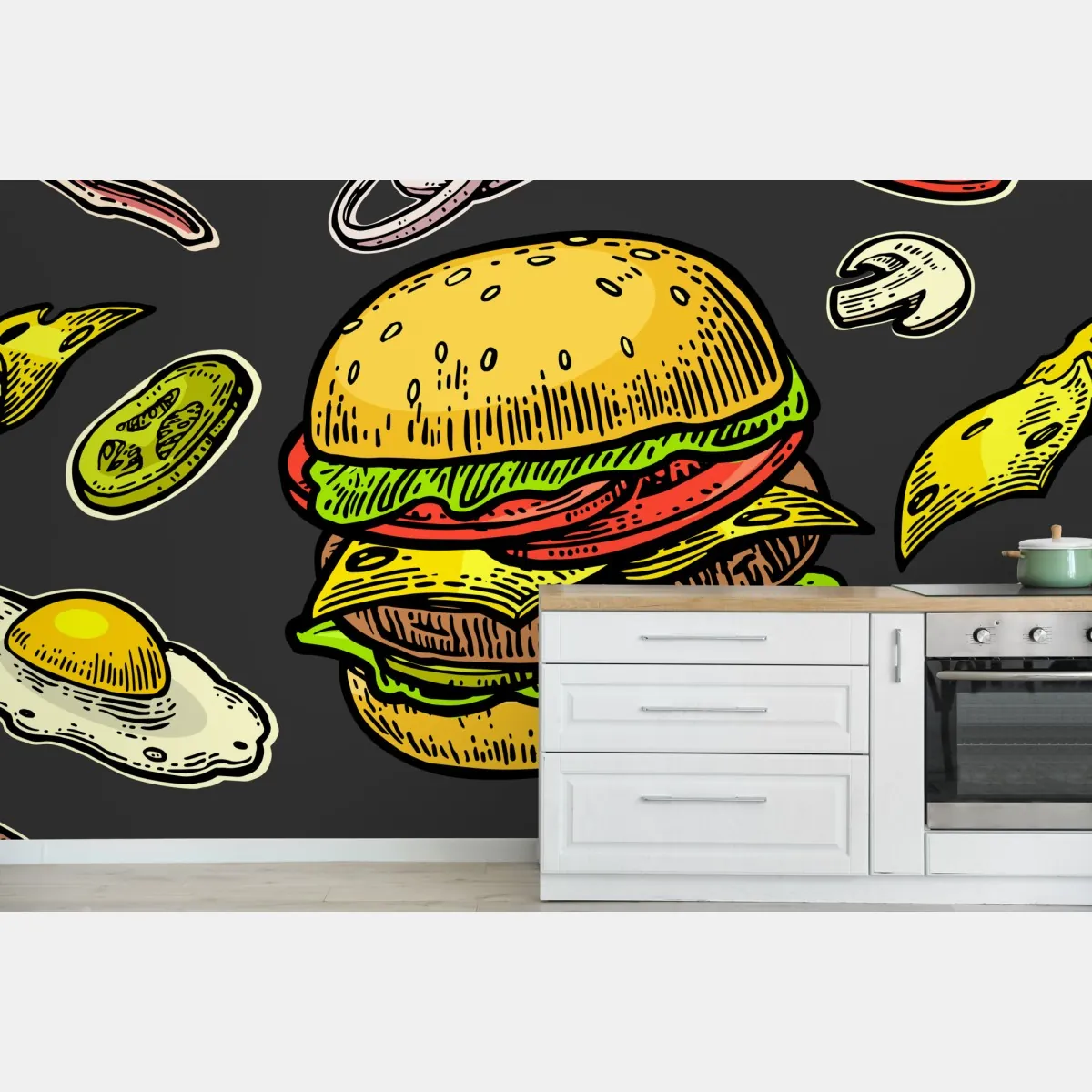 Fototapete buntes burger-muster mit zutaten – Wallnifity®
