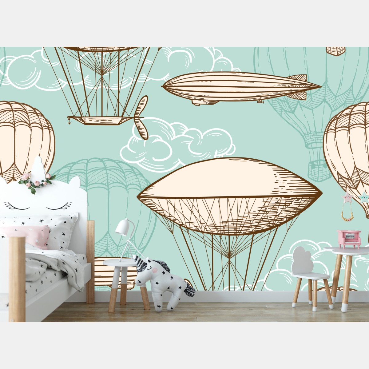 Fototapete vintage-motiv mit luftschiffen und ballons – Wallnifity®