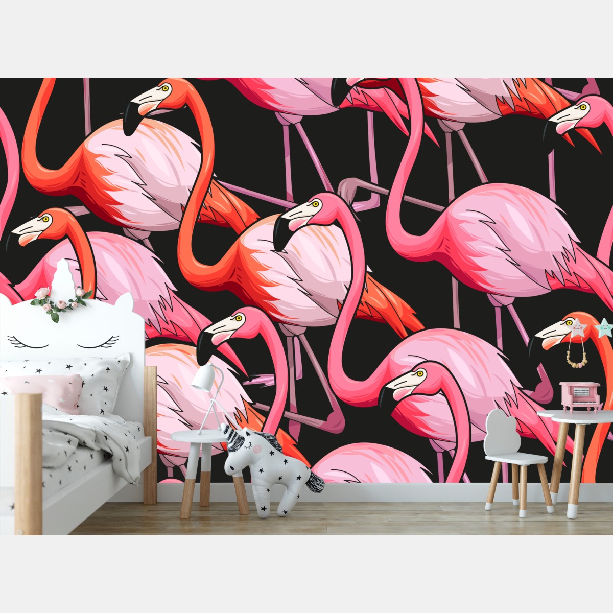 Fototapete rosa flamingo-muster auf schwarzem hintergrund – Wallnifity®