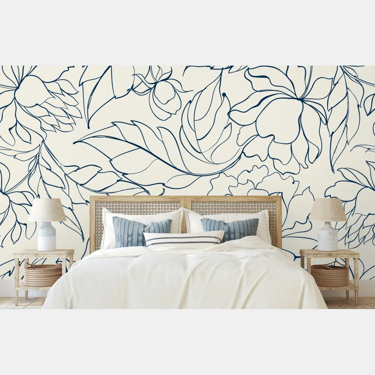 Fototapete handgezeichnetes marineblaues blumenmuster auf creme – Wallnifity®