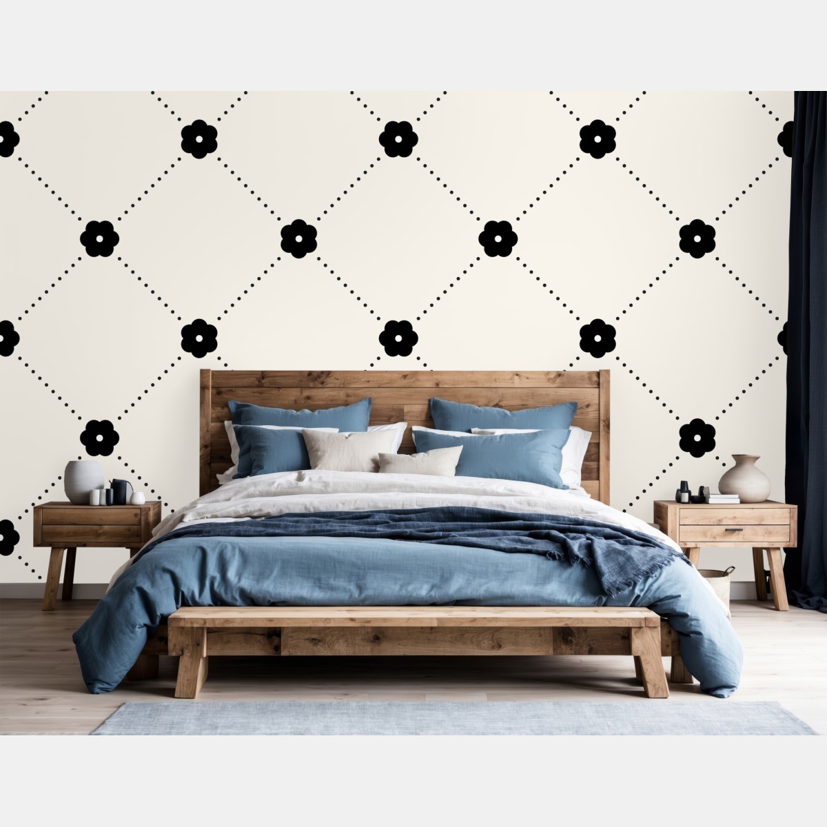 Fototapete minimalistisches schwarzes blumen-rautenmuster – Wallnifity®