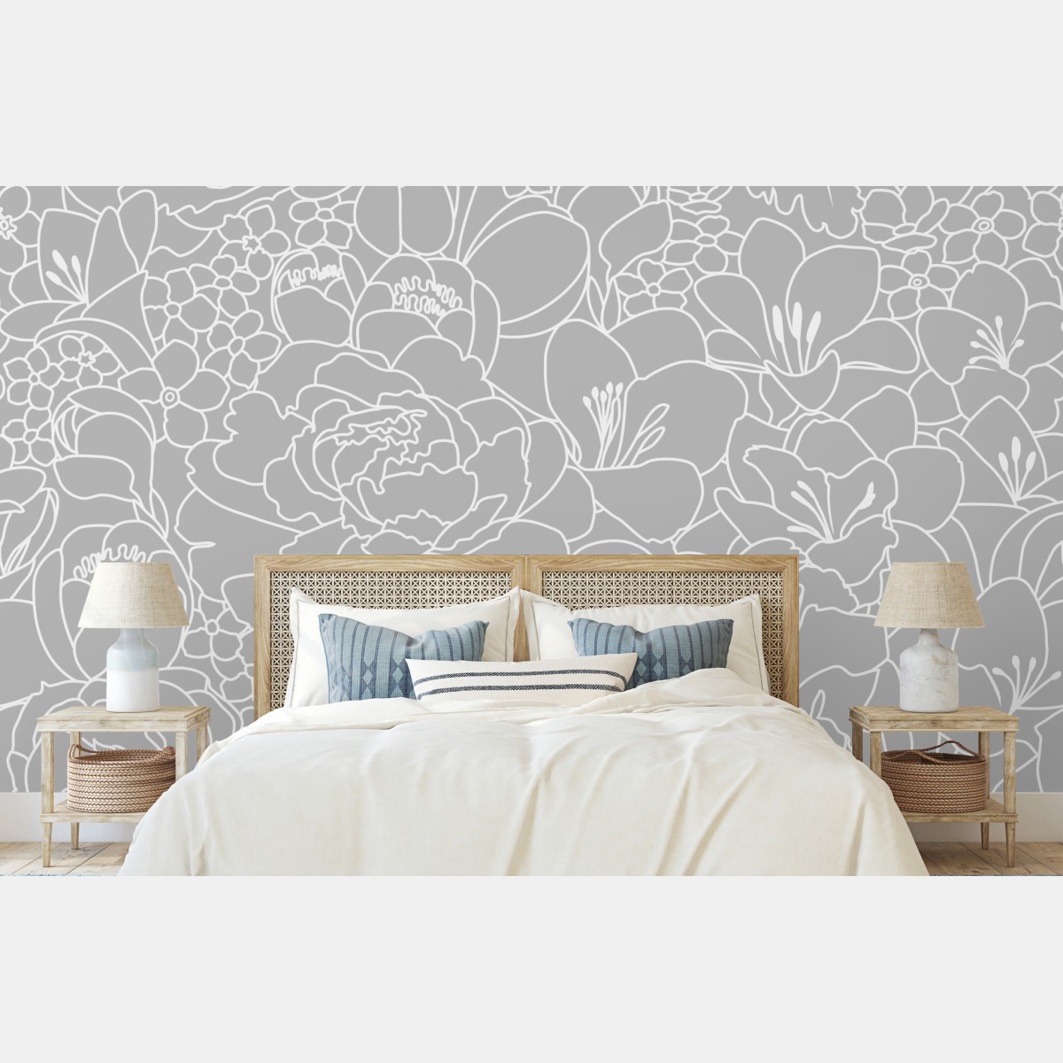 Fototapete subtiles graues blumenlinienmuster – Wallnifity®
