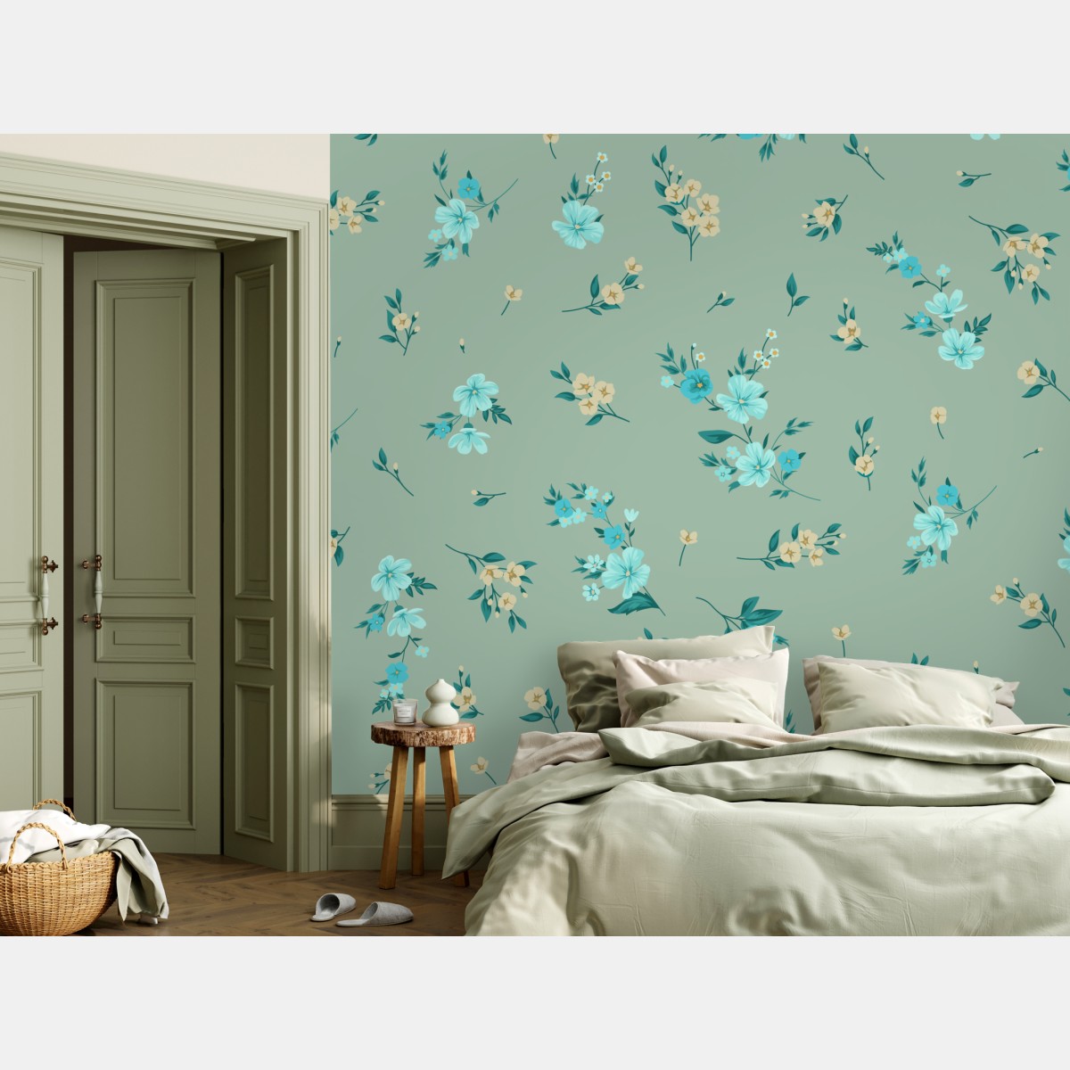 Fototapete pastell türkis blumenmuster auf salbeigrünem hintergrund – Wallnifity®