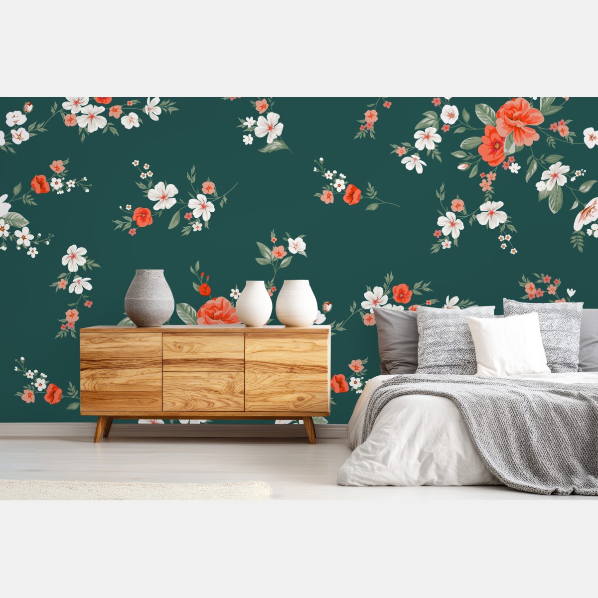 Fototapete vintage korallenblumenmuster auf tiefgrünem hintergrund – Wallnifity®