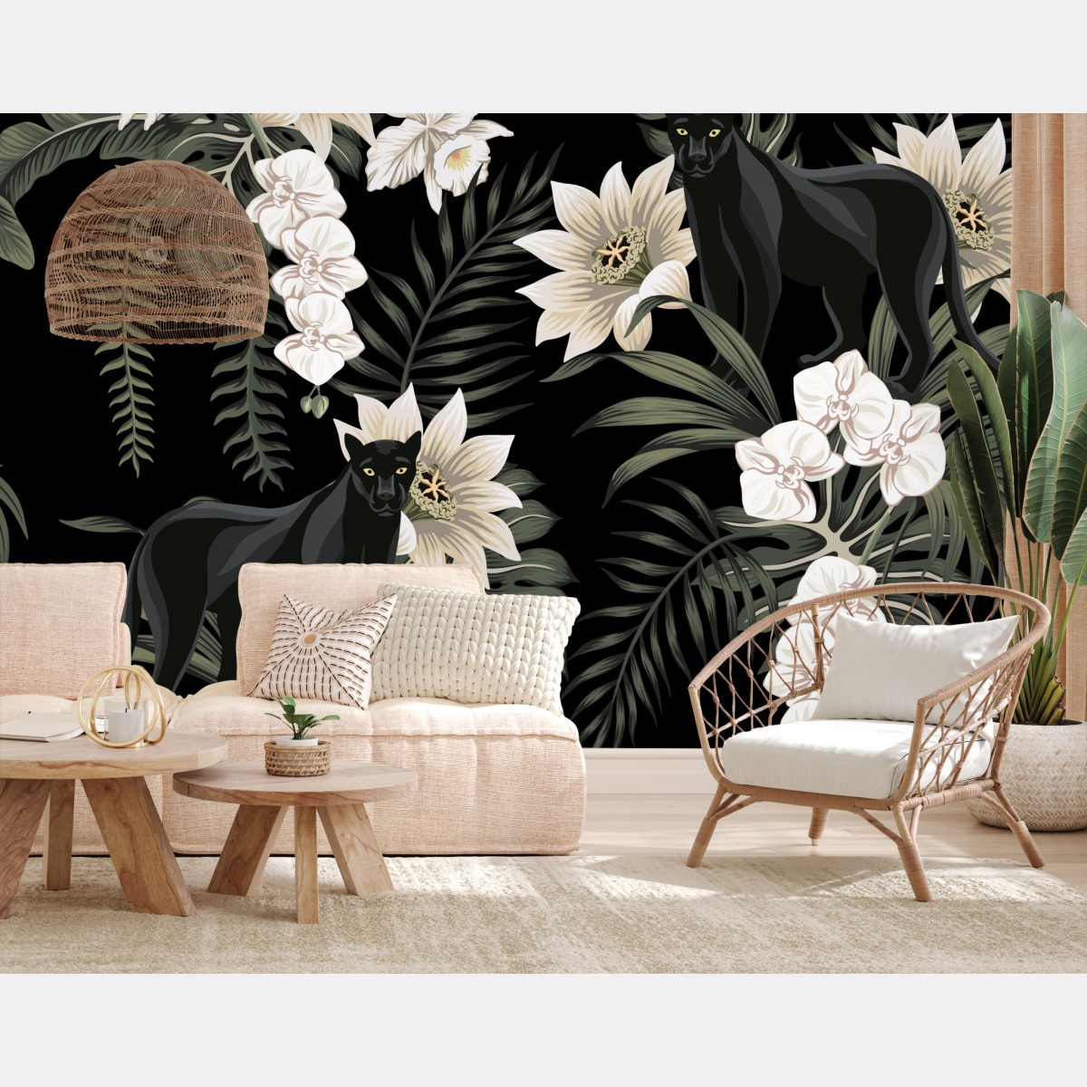 Fototapete botanisches muster mit schwarzem panther – Wallnifity®