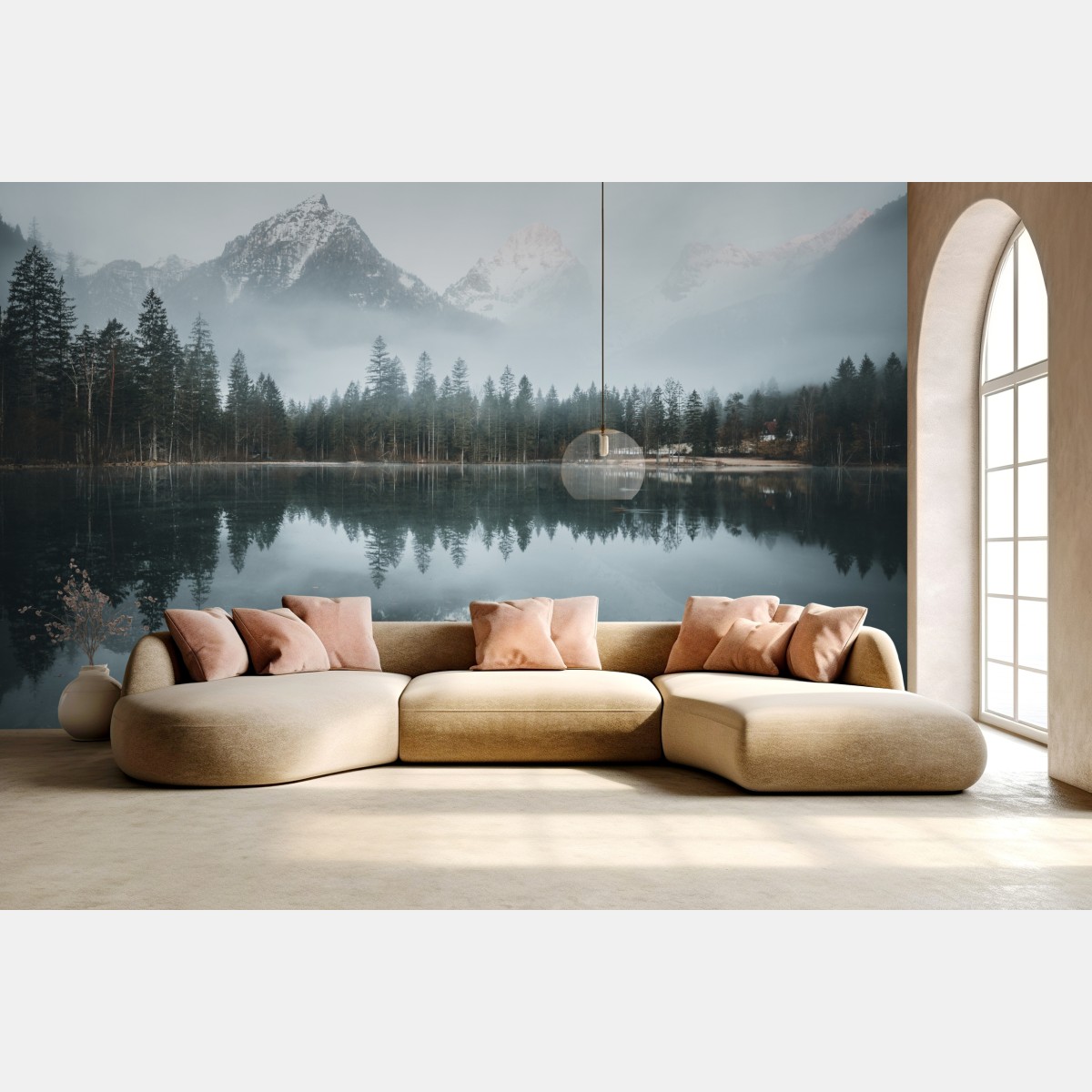 Fototapete neblige alpine spiegelung am ruhigen see – Wallnifity®