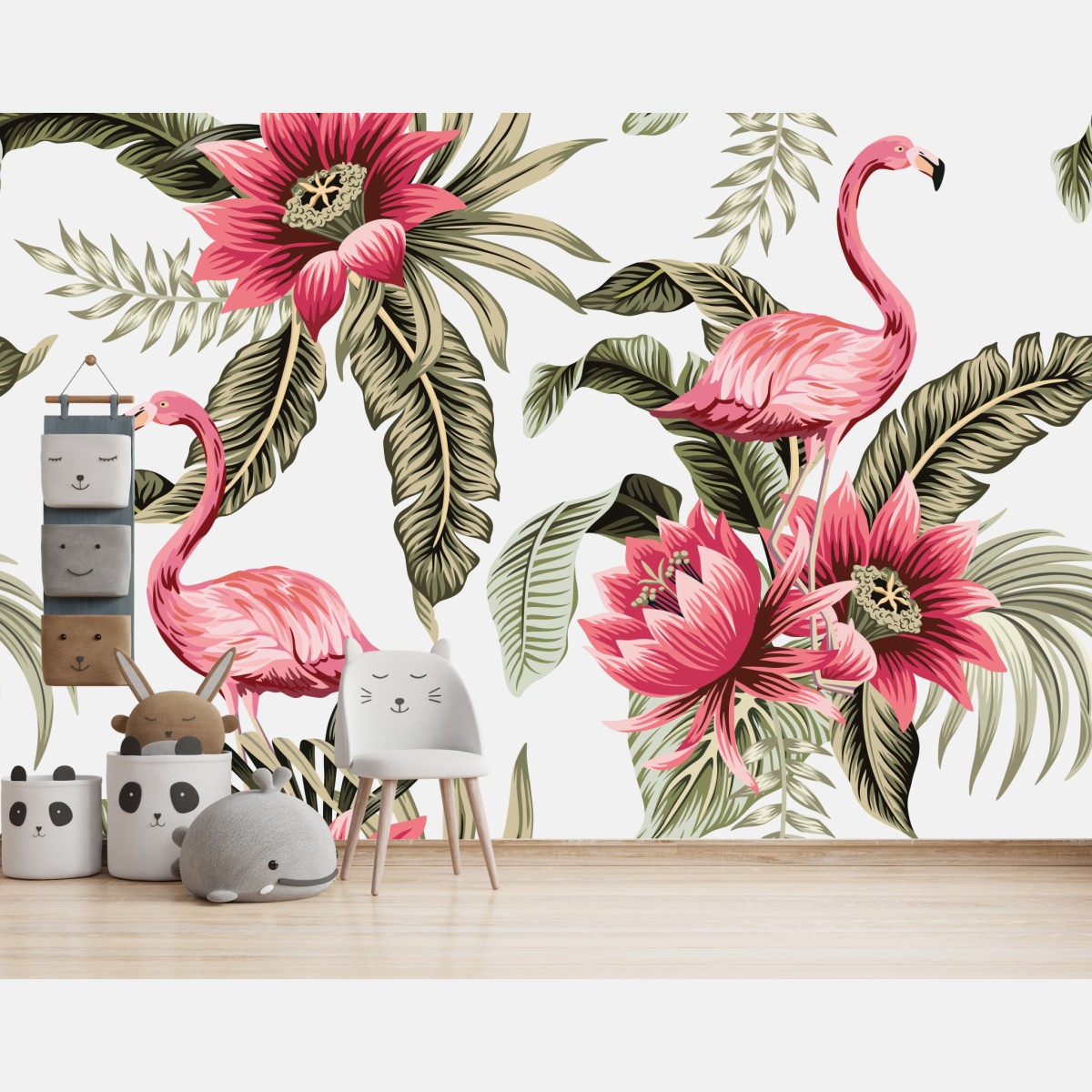 Fototapete tropische rosa flamingos und blüten – Wallnifity®