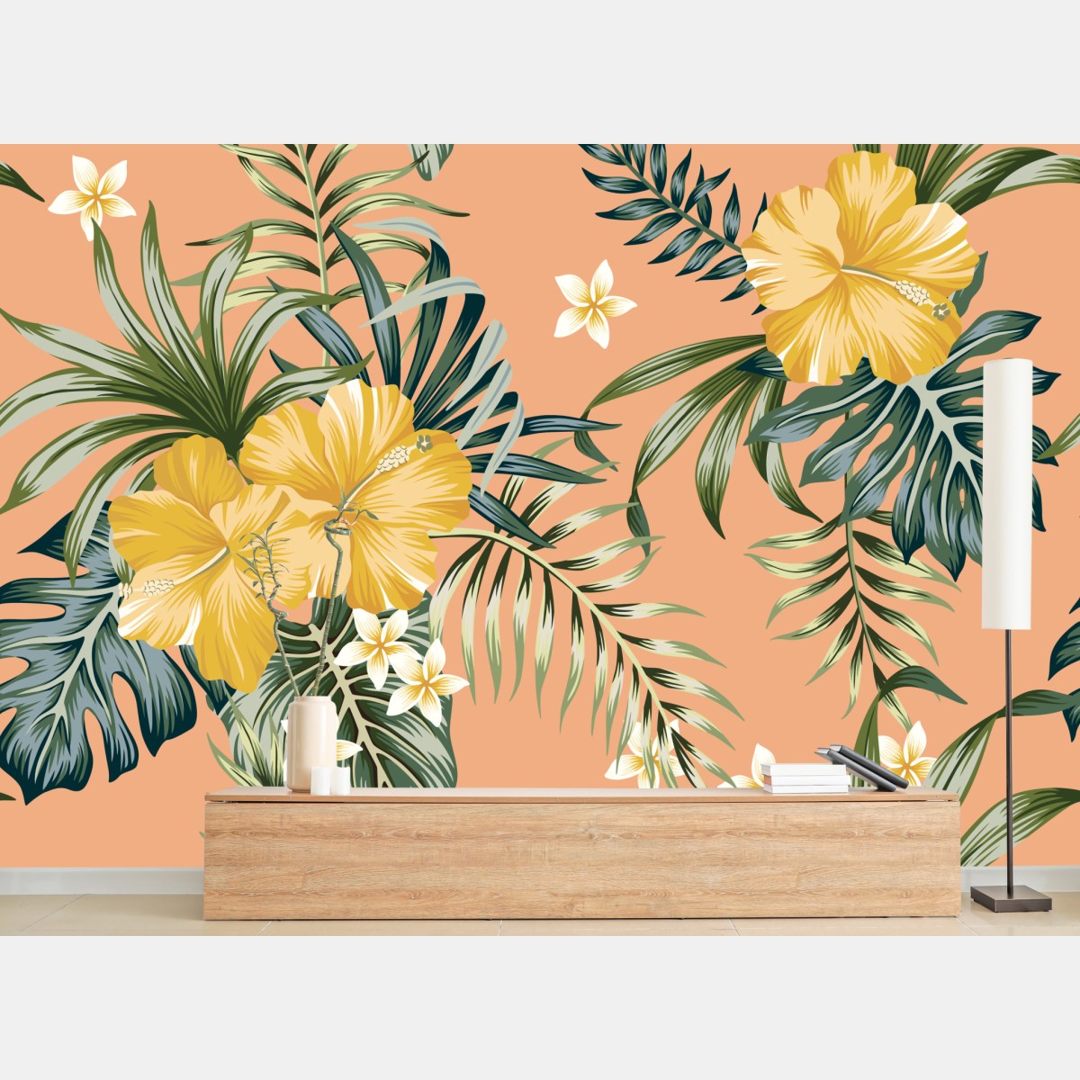 Fototapete tropisches hibiskusmuster auf pfirsichfarbenem hintergrund – Wallnifity®