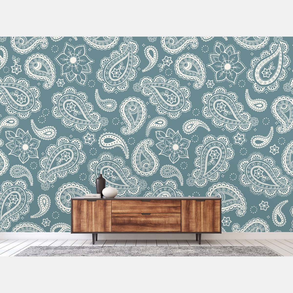 Fototapete türkis paisley muster mit blumendetails – Wallnifity®