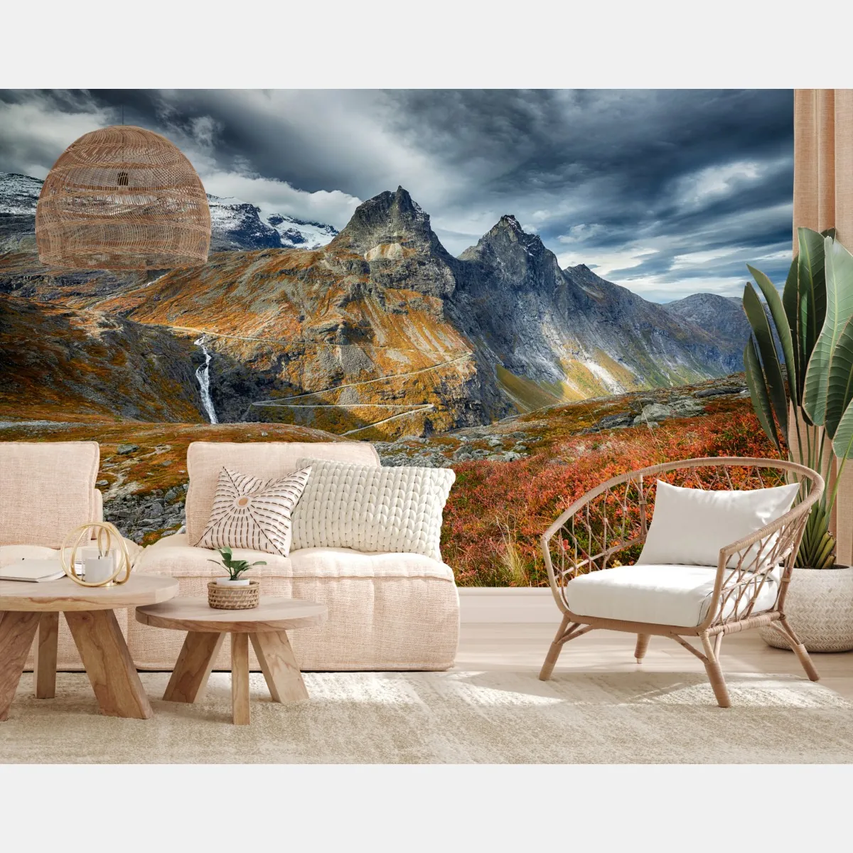 Fototapete herbstliche berglandschaft mit wasserfall und serpentinenstraße – Wallnifity®