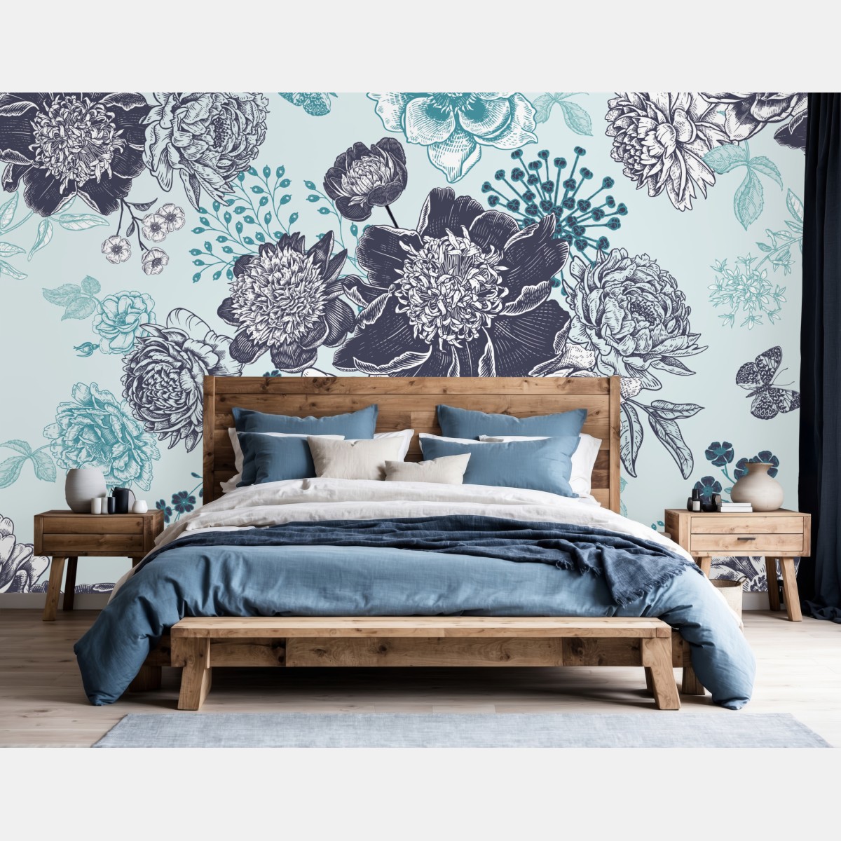 Fototapete blumiges peonienmuster in türkis und marineblau – Wallnifity®