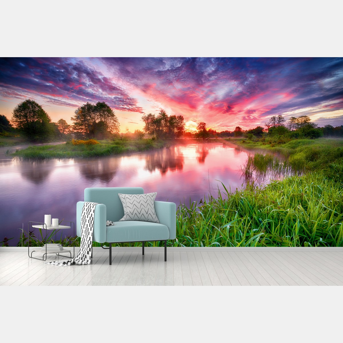 Fototapete ruhiger sommer sonnenaufgang am flussufer – Wallnifity®