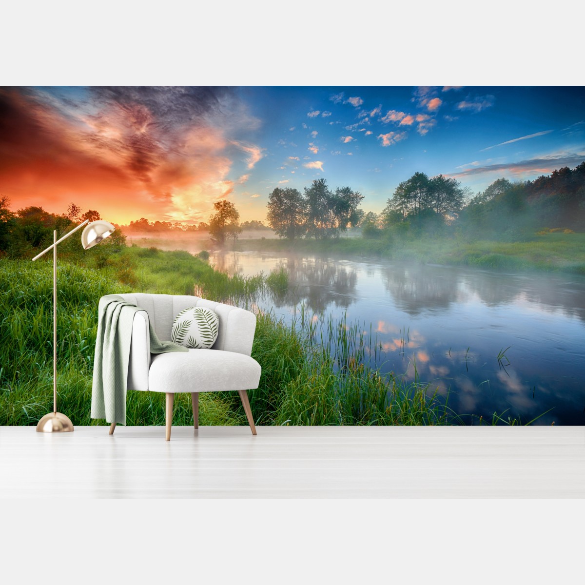 Fototapete nebel bei sonnenaufgang am flussufer – Wallnifity®